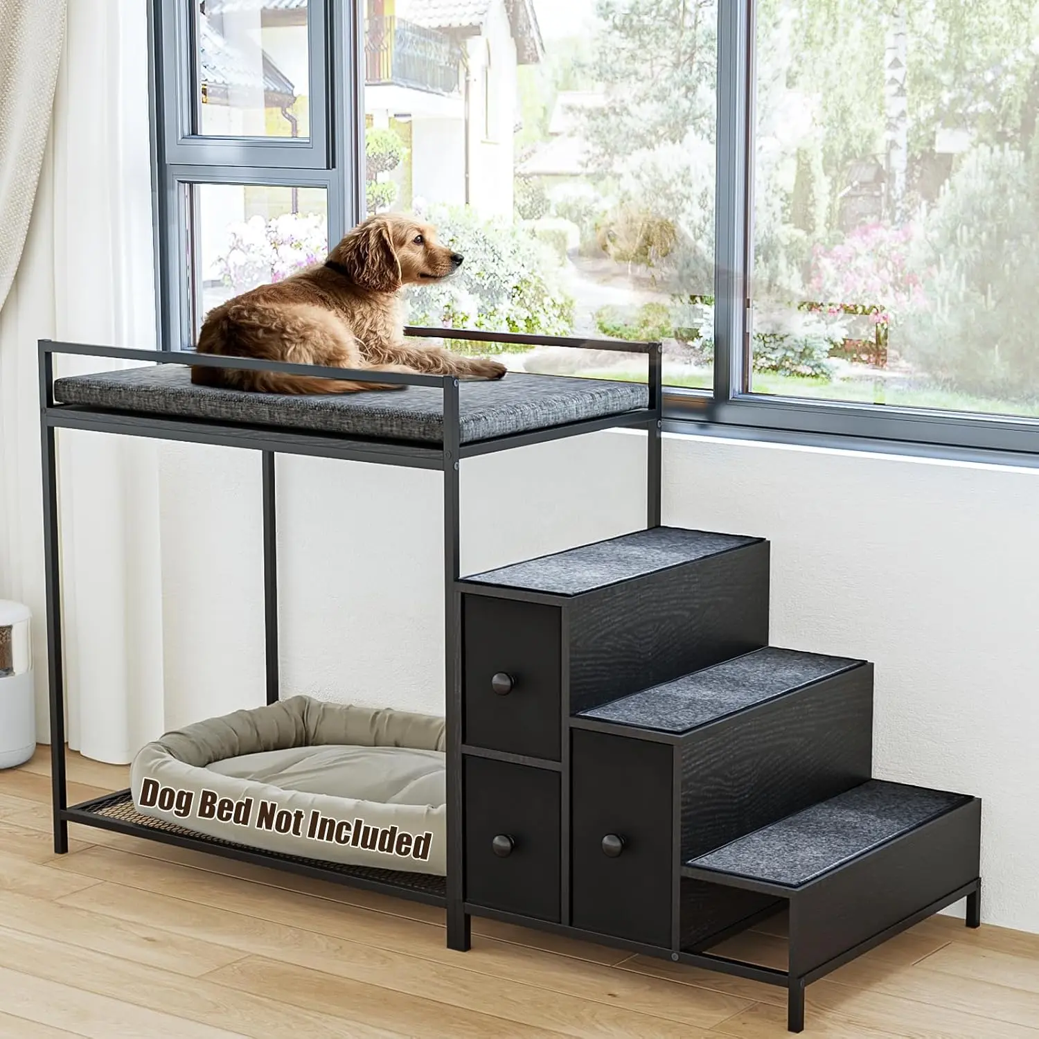 PUKAMI Modern Pet Bunk Bed - Elevated Multi-Level Space-Saving Furniture, Detachable Easy-to-Climb Non-Slip Steps, Functional Storage, Polyurethane Foam Upholstery, Washable Tarp for Dogs/Cats (100lbs Capacity, Window Perch)