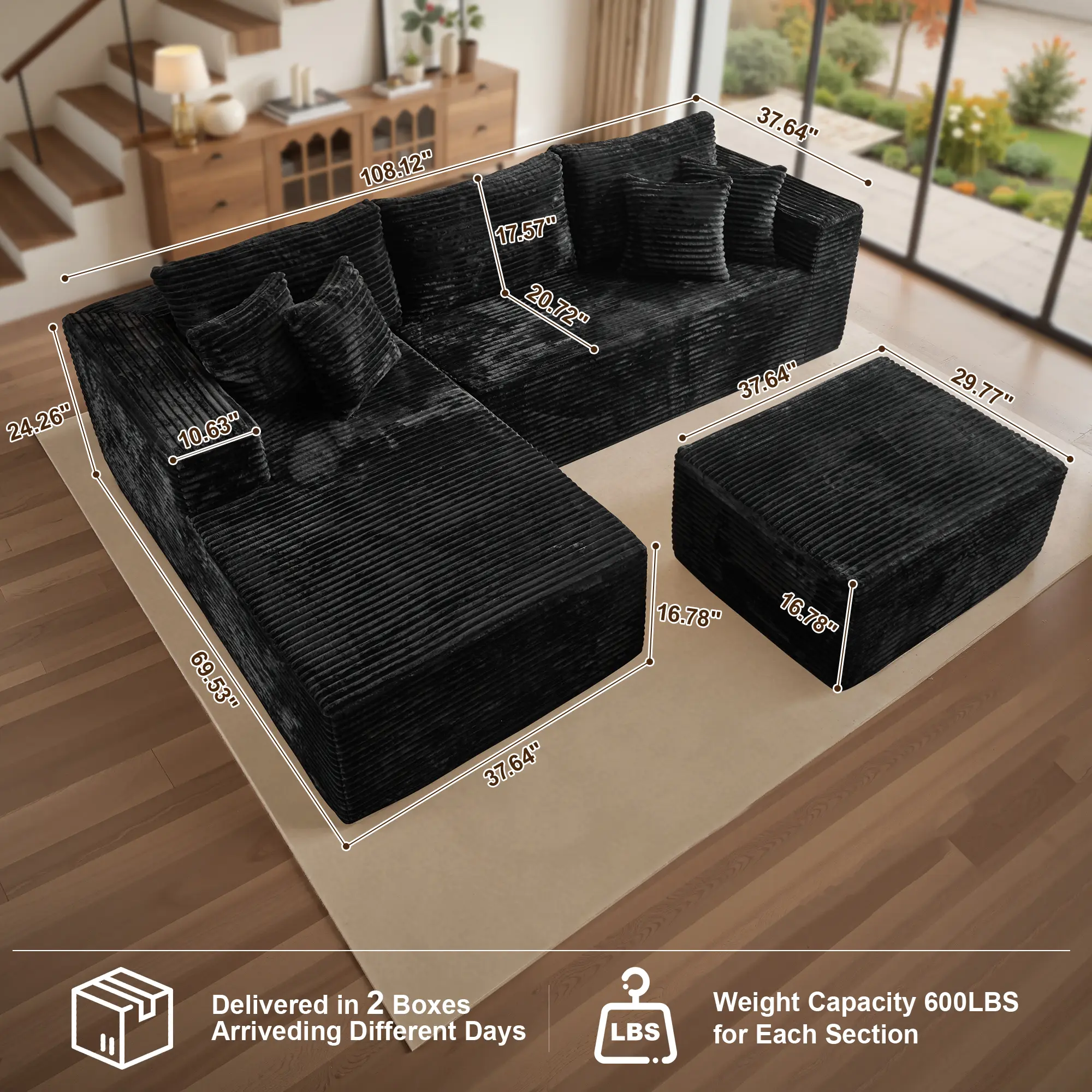 Black Left-Chaise Sofa with Ottoman