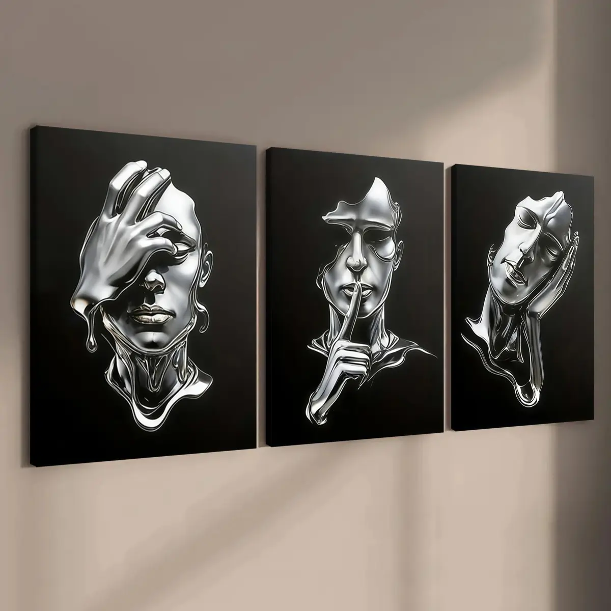3-count wooden frame canvas, posters that don't listen, look or speak, light luxury abstract figure decoration, fashionable family posters, modern living room decoration, suitable for corridor and bedroom walls, waterproof art