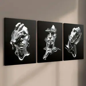 3-count wooden frame canvas, posters that don't listen, look or speak, light luxury abstract figure decoration, fashionable family posters, modern living room decoration, suitable for corridor and bedroom walls, waterproof art, Abstract Face Design