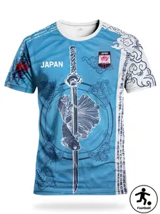 Japanese Special Edition Men's Football Jersey, Samurai Print Round Neck Comfortable Sports Top, Breathable Knit Fabric, Casual Wear