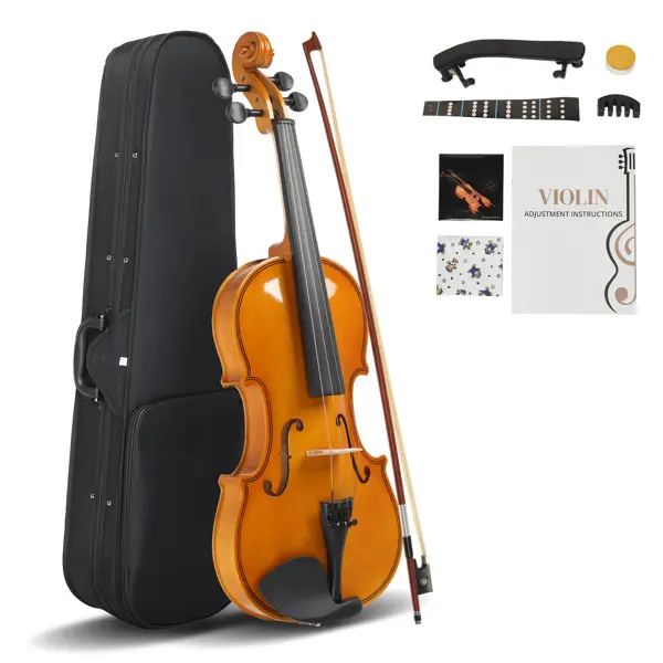 4/4 Full Size Acoustic Violin Complete Kit for Beginners - Basswood Top with Natural Finish, Hard Case, Bow, Shoulder Rest, Violin Rosin, Extra Strings, Sordine