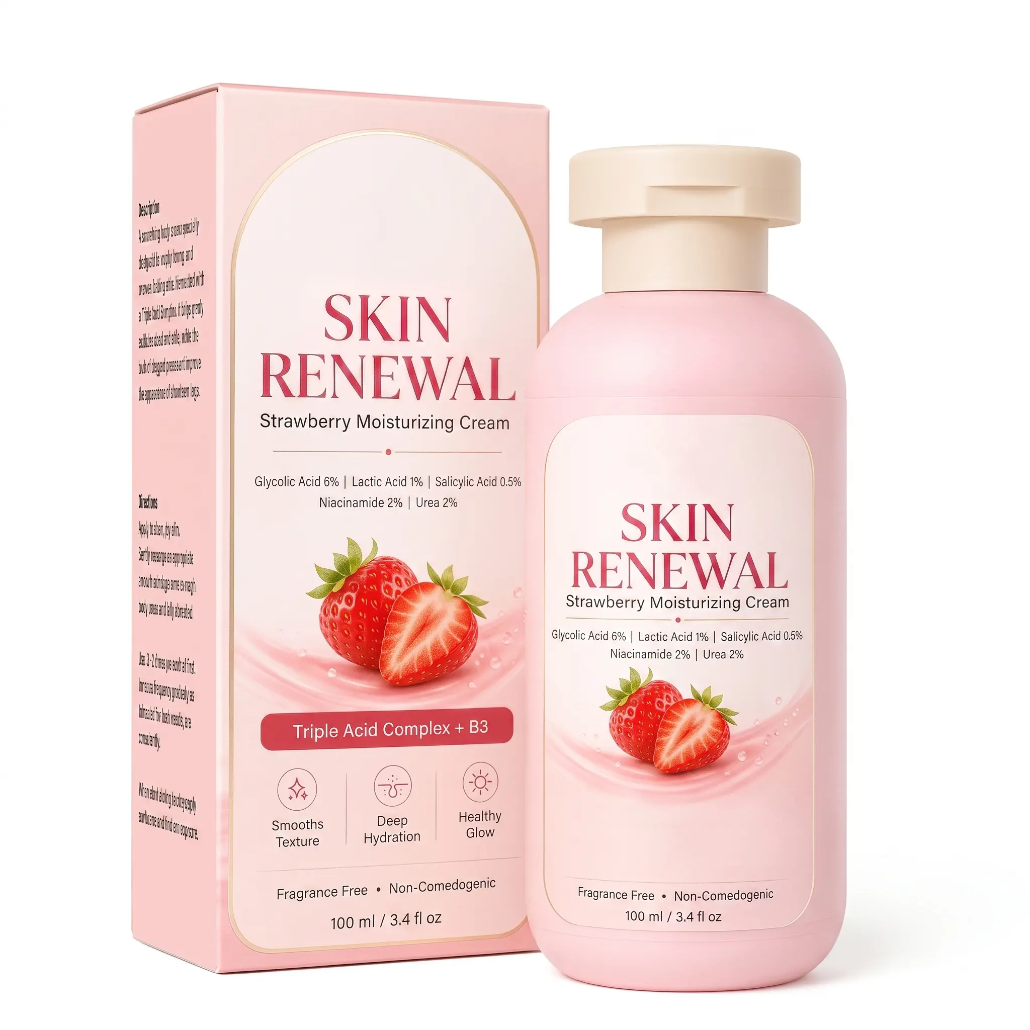 Strawberry Moisturizing Body Cream – Deep Hydration for Dry Skin with Triple Acid Complex & Niacinamide, Fragrance-Free Non-Comedogenic Formula for Sensitive Skin, Smoothing Body Lotion for Rough Areas, 100ml / 3.4 fl oz