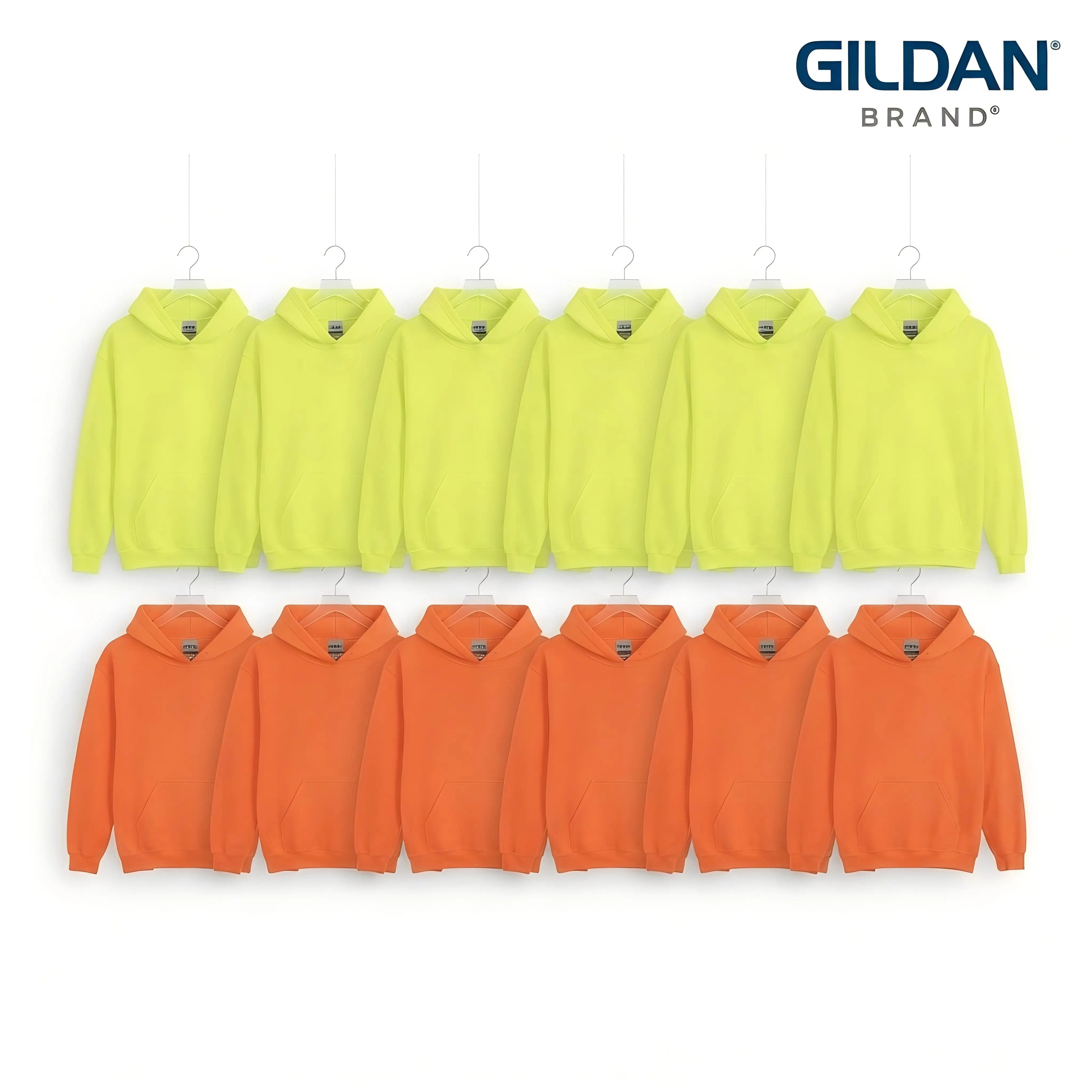 6 pack Gildan Brand Hooded Sweatshirt 50/50 Cotton in Hiv Yellow and Orange Colors for Comfortable Wear