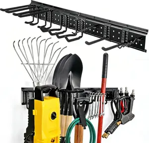 Garage Tool Organizer Wall Mount 49.5’’, 345lbs Heavy Duty Storage Rack with 14 Adjustable Multi-Type Hooks, Yard Garden Tool Hanger for Shovel Rake Broom Ladder Power Tool, Easy Assembly Garage Organization