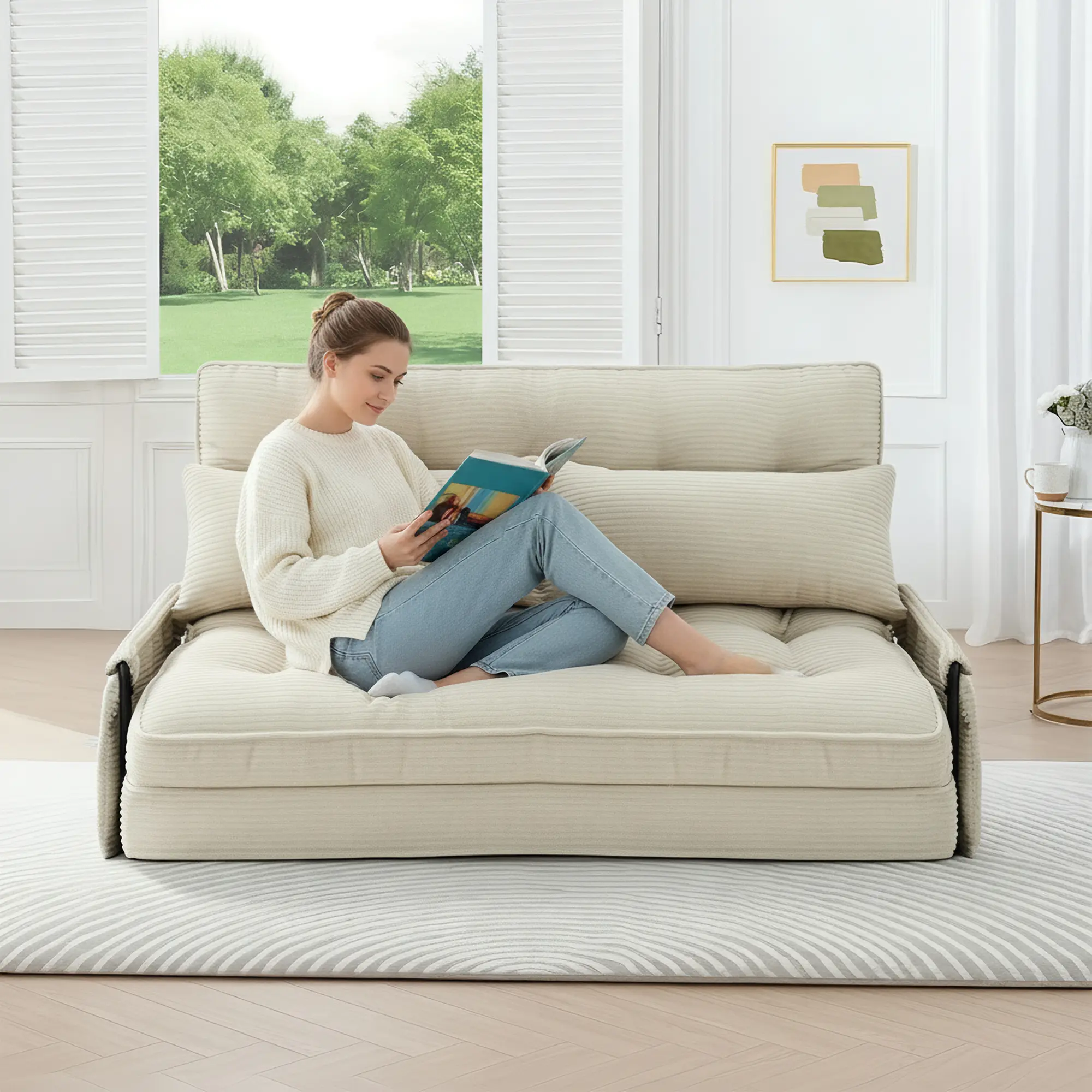 Corduroy Floor Chair Sofa Bed with 2 Pillows - Adjustable, Convertible, Foldable Indoor Living Room Furniture