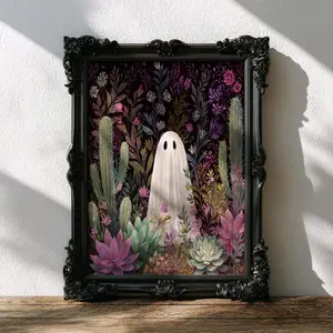 Ghost Succulent Art Print – Floral Pastel Art, Colorful Botanical Fall Scenery, Couple Gift Print Spooky Halloween Decor, Ghost Home Decor