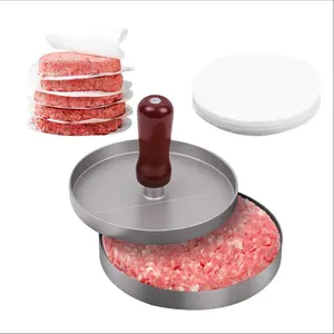 Stainless Steel Burger Press, Kitchen Tool, Non-Stick Textured Surface, Wooden Handle, Durable, Ideal for Grilling and Cooking, Includes 100 Non-Stick Papers, Kitchenware
