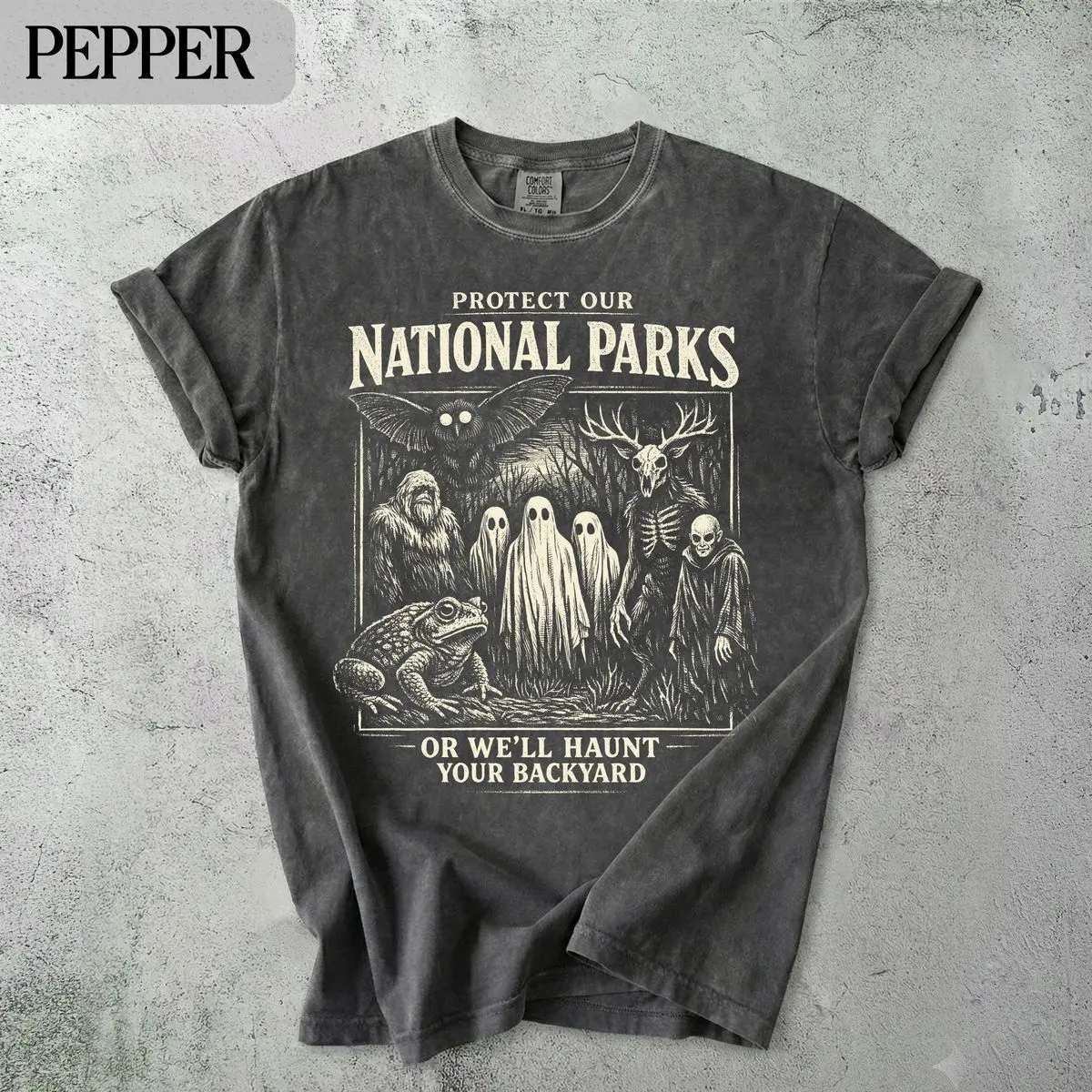 Comfort Colors Protect Our National Parks T Shirt, Cryptid Tee, Bigfooott Mothman Ghost Wendigo Skull, Unisex Short Sleeve Tee, Casual Clothing