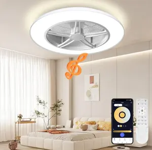 Low Profile Ceiling Fan with Light and Remote/APP Control, Bladeless Ceiling Fan with Speaker,6 Speeds Reversible 3 Color LED Dimmable Flush Mount Ceiling Fans for Bedroom