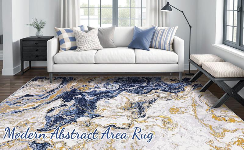 GARVEE Abstract Marble Rugs: Modern, Washable, Non-Slip Area Rugs in Various Sizes (5'x7', 6'x9', 8'x10', 9'x12') for Living Room, Bedroom, Kitchen, and Dining. Ideal for High Traffic Areas, Available in Blue and Grey.
