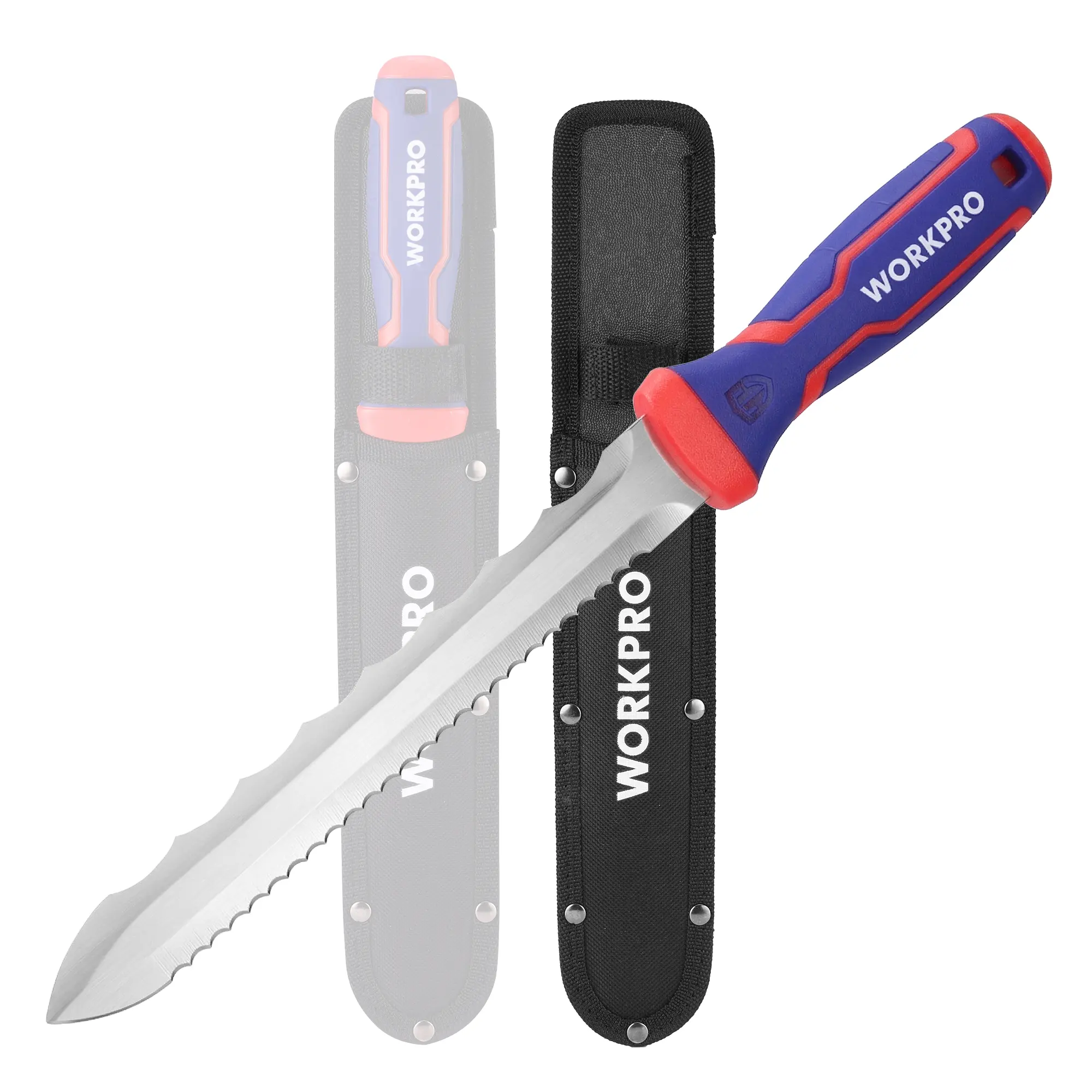#backtoschool WORKPRO Insulation Knife with Sheath, Stainless Steel Blade Insulation Cutter, Double Side Serrated Sharp Duct Knife for Cutting Heat Material Foam, RockWool, Styrofoam, Sod Cutter Garden Knife for Lawn Repair