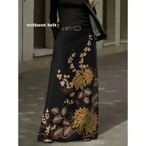 Elegant women's floral slim fit chic printed MIDI skirt, straight tube design, woven fabric, pockets, elastic waistband, suitable for all seasons, daily office and party useRAIMENTRY