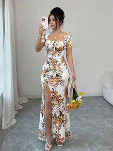 Women's Summer Short Sleeve Dress, Digital Print Vacation Dress, Split Hem Beach Holiday Long Dress, Waist Cinch New Arrival, Floral Evening Gown, Elegant