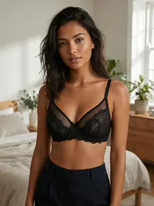 Women's Lace Unlined Minimizer Everyday Bras, Unpadded Semi-Sheer Design, Floral Full Coverage, Underwire Lace Bralette, Lingerie & Underwear