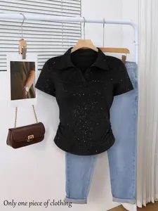 Summer Silver Sequins Street Style Y2K Women's Short Sleeve T-Shirt, Casual Commute, Slimming Versatile Top, Trendy Collar