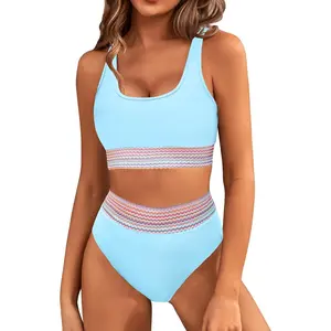 Women's High Waisted Bikini Sets Sporty Two Piece Swimsuits Color Block Cheeky High Cut Bathing Suits,