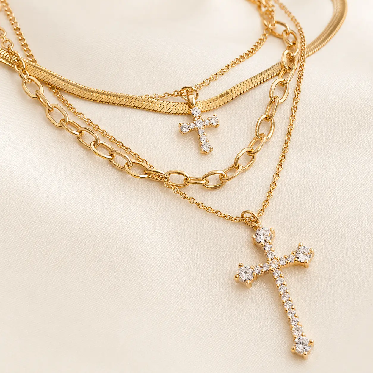 Women's Elegant Gold Cross Necklace with Rhinestones, Chain Design - Fashion Costume Jewelry Accessory