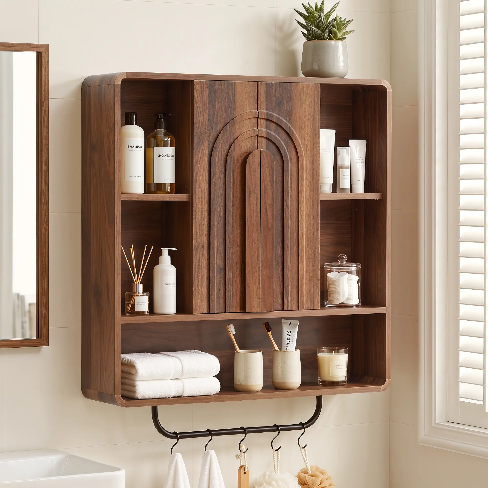 Giratree weselon 31.5" Bathroom Medicine Cabinet with Storage, Wall Mounted Over Toilet Cabinet with Towel Bar & 5 Hooks, Arched Fluted Double Doors, Adjustable Shelves & Open Storage (Walnut)
