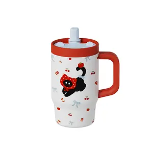 Cute 27 OZ Ceramic Coated Interior Tumbler with Handle and Straw,Leak Proof,Easy To Clean,Direct drinking/Straw Sippy Cup, Insulated Travel Mug,Gifts for School,Work,Home Bottles Bottles Drinkware Flasks Bottled Portable Bottles Black Cat Bottles