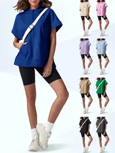 Fisoew Womens Oversized Half Zip Hoodies Short Sleeve Casual Sweatshirts Pullover Tops with Pockets