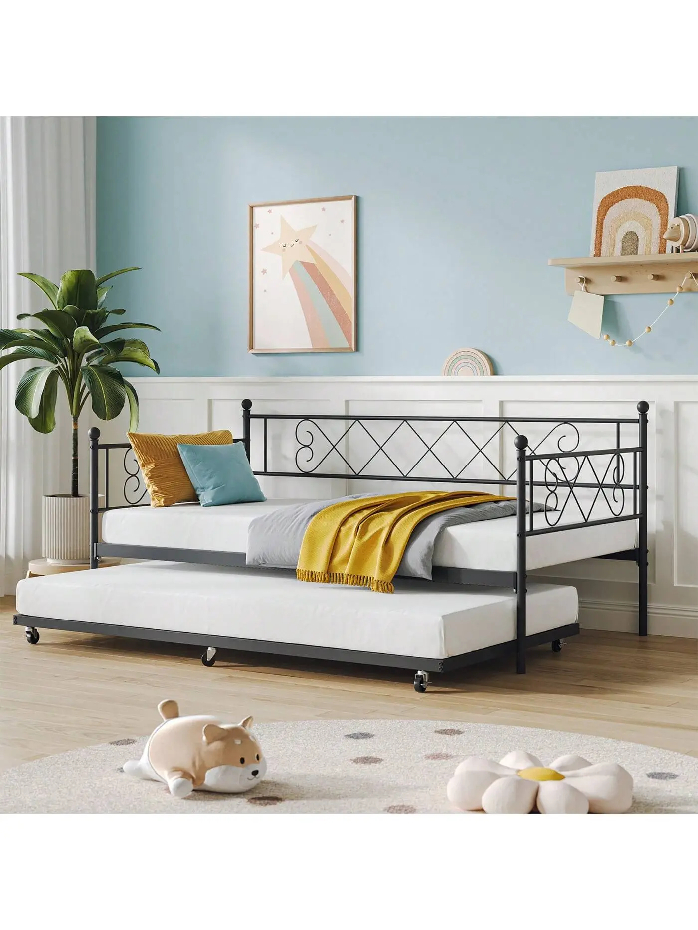 Twin Size Heavy-Duty Metal Slat Platform Daybed Frame with Sturdy Mattress Foundation, Stylish Headboard, Multi-Functional Sofa Bed for Bedroom, Living Room (Black, Pink, White)