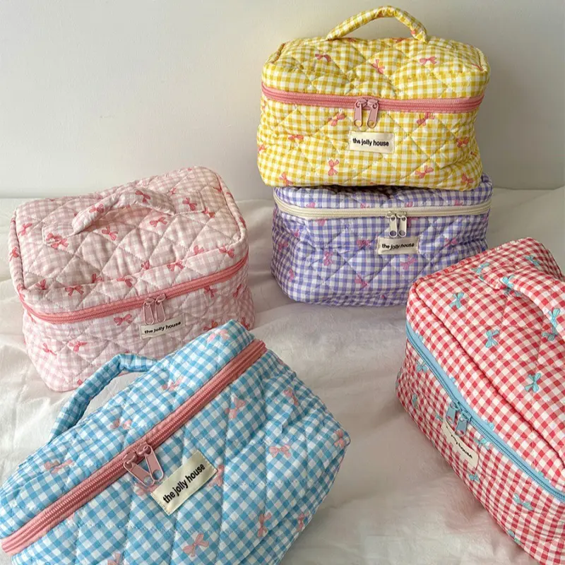 Women's 2024 New Plaid Bow Cosmetic Bag - Healing, Braid-Accent, Large-Capacity, Portable Travel Wash Storage Bag for Beauty & Personal Care Makeup Tools, Makeup Products, Korean, Checkered, Rainbow Stripe, Travel Storage Bag
