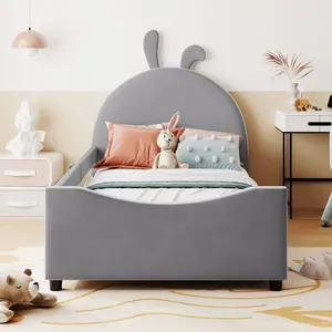 Twin Size Upholstered Daybed with Rabbit Ear Shaped Headboard, No Box Spring Needed, Gray Twin Size Upholstered Daybed with Rabbit Ear Shaped Headboard, No Box Spring Needed, Gray