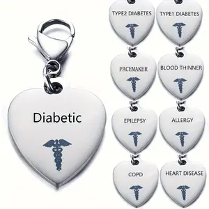 Stainless Steel Heart Shape Creative Medical Id Pendant Keyring For Men, Diabetic Type 1 Type 2 Diabetes Keychain For Men, Ideal choice for Gifts