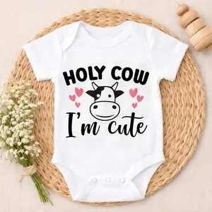 Newborn Baby Bodysuit Romper Holy Cow I'm Cute Cow Face Hearts Must-Have Comfortable Cotton Infant Clothes Coming Home Outfit Perfect Gift for New Parents