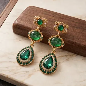 Green glass rhinestone earrings