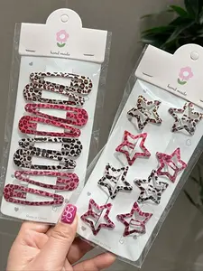 16pcs Leopard Print & Star Design Square Water-Drop Bangs Hair Clips, Random Card Base, Lightweight Discoloration Normal, Ideal for Women & Girls
