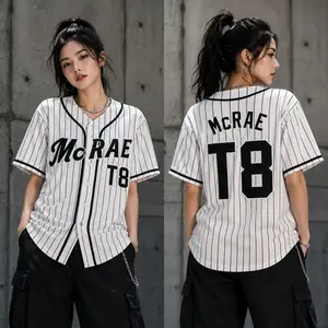 RAE T.8 Pinstripe Baseball Jersey | Women's Y2K Pop Concert Outfit | Trendy Music Tour Graphic Shirt
