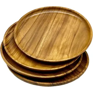 Acacia Wooden Plates - Set of 4, 12" Round Dinner & Charger Plates, Rustic Handcrafted Tableware for Charcuterie, BBQ, Farmhouse Dining, or