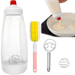 All-in-1 Pancake Batter Dispenser Kit, 1000ml Wide Mouth Silicone Squeeze Bottle with Spout, Shaker Ball, Stainless Steel Whisk, Brush, Mixer - Easy-Clean Bakeware Kitchen Utensils for Pancakes, Crepes