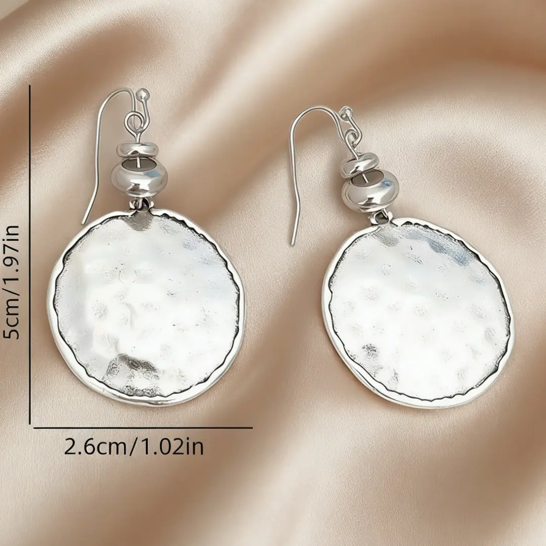 Vintage Round Disc Earrings for Women, Hammered Metal Coin Pendant Earrings, Geometric Dangle Earrings with Retro Texture, Bohemian Statement Jewelry, Minimalist Fashion Accessories, Trendy Gift for Wife Girlfriend Mom
