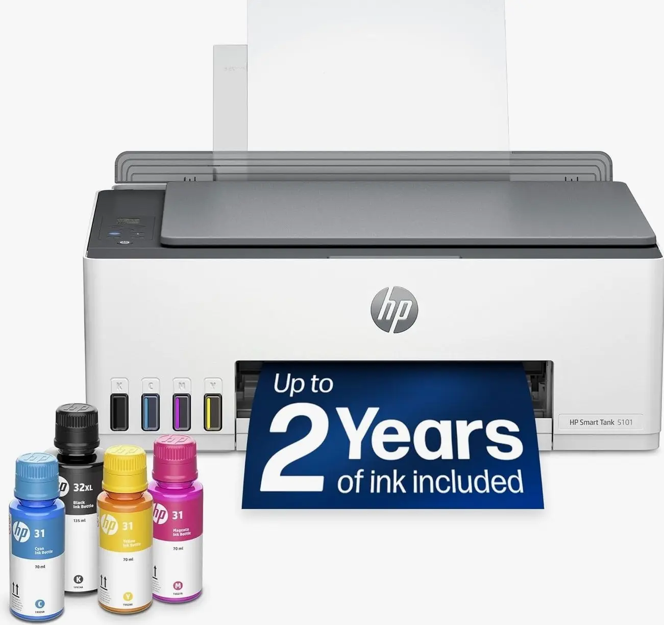 HP Smart Tank 5101 Wireless All-in-One Refillable Printer, Scanner, Copier with 2 years of Ink included, Wireless printer-for-home use. (1F3Y0A)