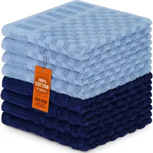 8 Pack 100% Cotton Wash Cloth, Luxurious Soft, 12 x 12 inch Ultra Absorbent Jacquard Towels, Machine Washable Washcloths, Blue Set (8 Pack)