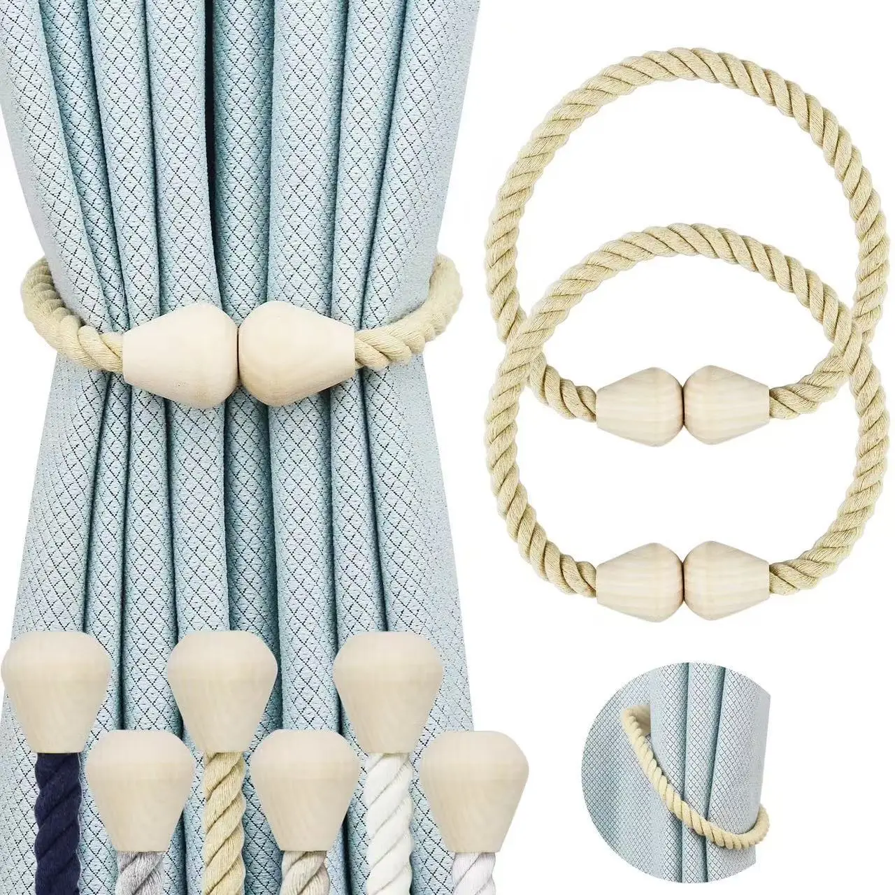 2 Pcs Magnetic Wooden Bead Curtain Tiebacks Hand Woven Rope Holdbacks for Bedroom Living Room Farmhouse Apartment Window Decor-YY