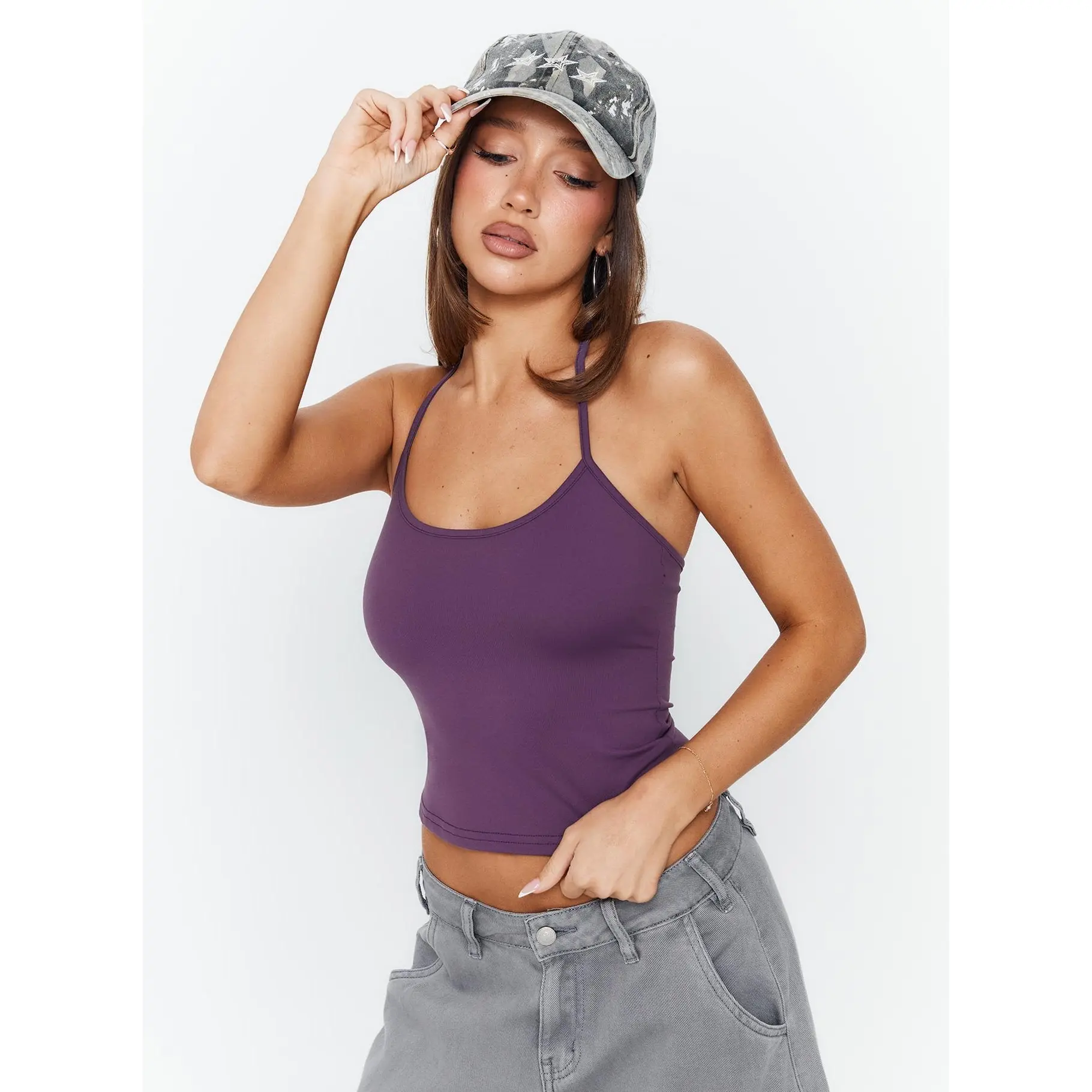 Daily Define Thin Strap Halter Tank Top Fresh Purple