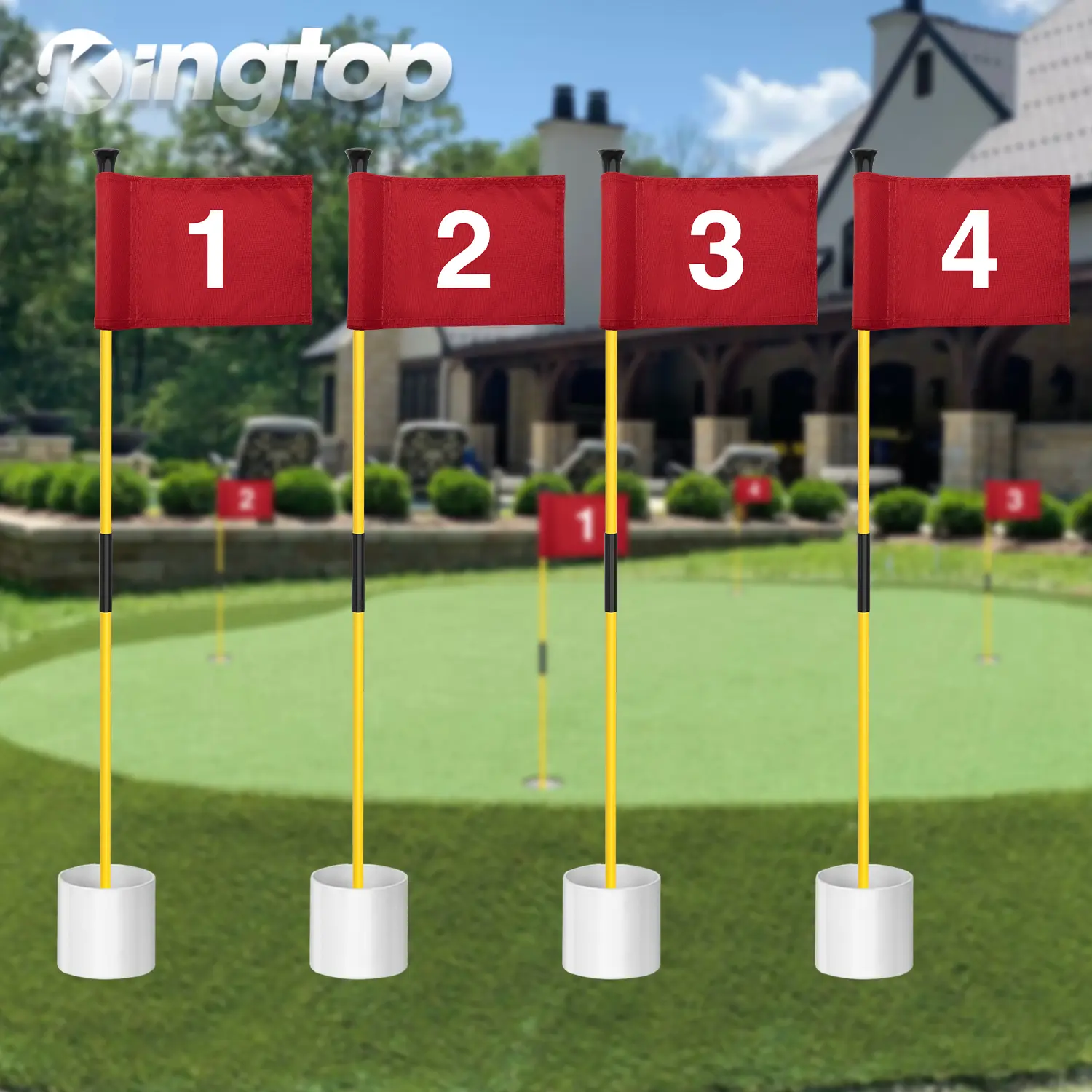 KINGTOP Portable Golf Training Equipment, 4-Pack 2-Section Mini Golf Flagsticks with Check Pattern 420D Nylon Resists Fade Flags, 3ft Pins with Ball Retrieval and Hole Cups for Backyard Putting