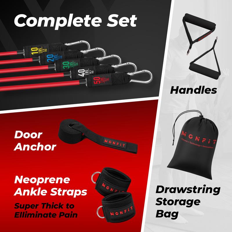 ASU Trainer Resistance Tube Bands Set with Handles, Ankle Straps and Door Anchor - 5 Levels of Toughness - 150 lbs Elastic Resistance Band Set