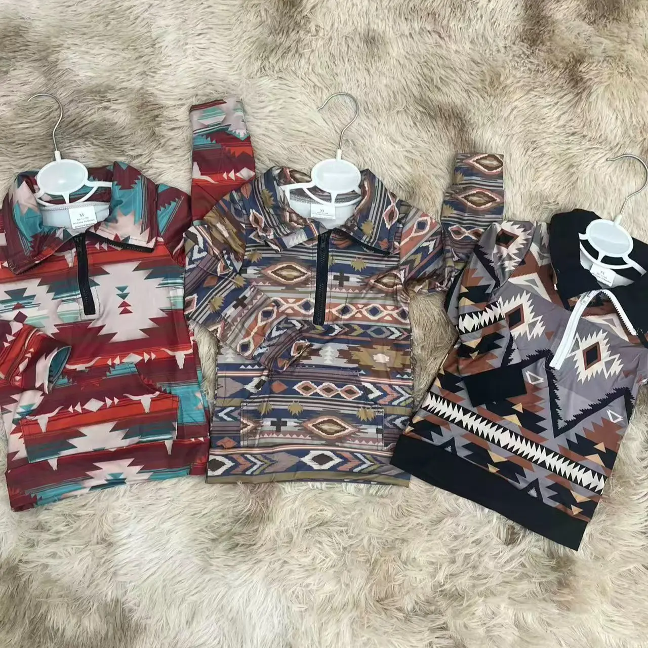 Baby Boys' Western Look Sweater, Aztec Geometric Pattern Quarter-Zip Pullover with Checkered Long Sleeves, Geometric Pattern Sweater