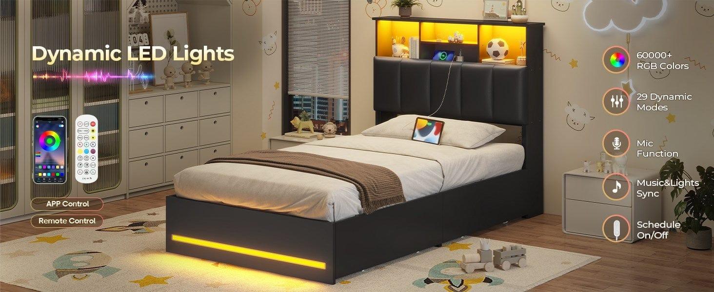 SIKAIC LED Bed Frame - Bedroom Furniture with MDF Board Bookcase Headboard, 4 Storage Drawers, USB Port, Type-C Charging Station, Black LED Light Platform Bed SIKAIC LED Bed Frame - Bedroom Furniture with MDF Board Bookcase Headboard, 4 Storage Drawers, USB Port, Type-C Charging Station, Black LED Light Platform Bed