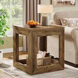 TRIBEWOOD Farmhouse End Table, 20" Large Square Side Table with Storage Shelf, Rustic Wood Nightstand for Bedroom, Living Room, and Office, Easy Assembly (Rustic Brown, 1PC)