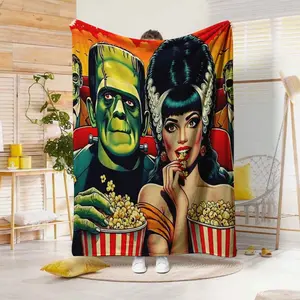 1pc Halloween Retro Movie Characters Flannel Blanket - Frankenstein & Bride Design, Soft Lightweight Throw for Couch, Bed, Camping, Travel - All-Season Cozy Gift   Camping Accessory, Vintage Aesthetic, Holiday Shoppers, Festive Decor,