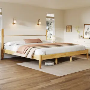 King Size Solid Wood Bed Frame With Fleece Upholstered Headboard, Ivory bed frame