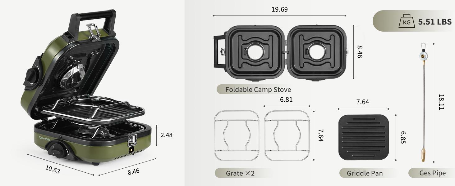 Naturehike 2-Burner Folding Camping Stove with Griddle - Lightweight Portable Gas Stove for Outdoor Cooking, 16000 BTU Adjustable Burners Foldable FathersDayGift