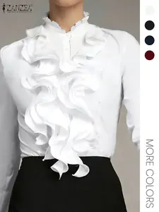 Women's Plain Ruffle Trim Button Front Blouse, Elegant Long Sleeve Stand Collar Top for Work Office Business, Women's Clothing for Fall & Winter