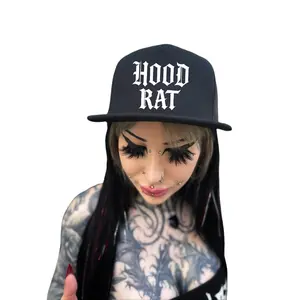 TheDriveClothing Hood Rat Black Flat Bill Hat – Snapback Cap, Flat Brim Trucker Hat, White Print Mesh Back Adjustable Hat, Unisex Streetwear